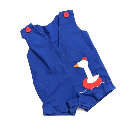 Vintage Shortalls Romper Baby Boys Sz 9-12m Duck Applique Summer - Picture 1 of 4